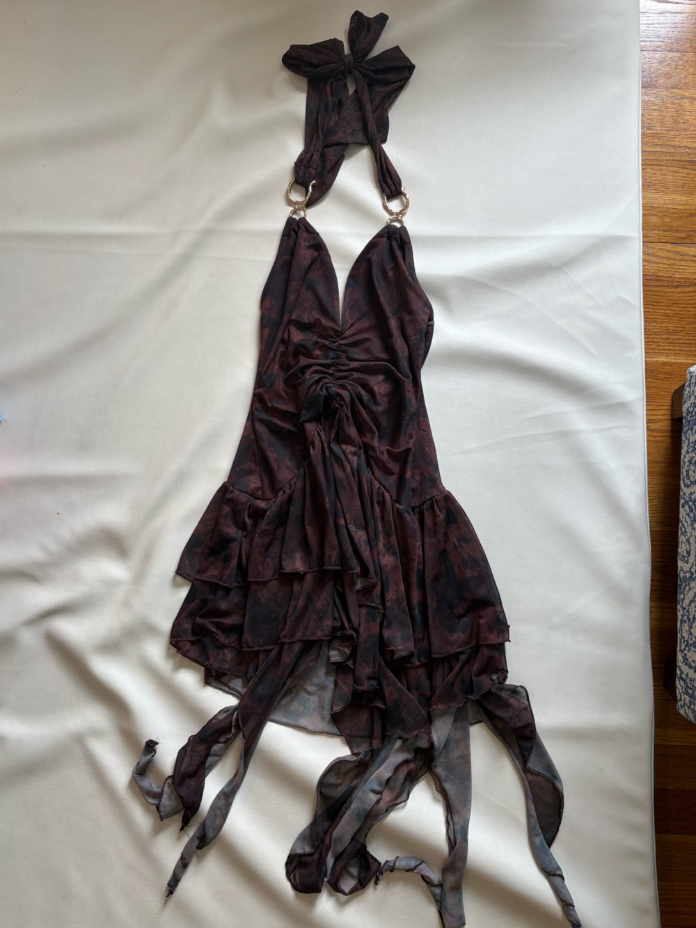 Floral Brown Ruffle Halter Dress with gold accents